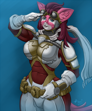 Pink furred catgirl wearing an armored flight suit and a white scarf