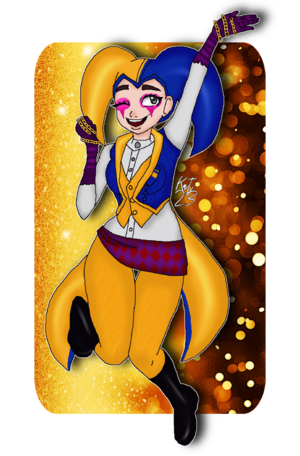 An image of a woman in a multicolored clown suit, jumping up joyously.